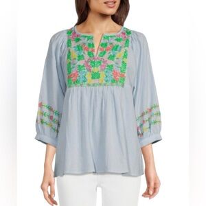 Tru Luxe Jeans Blue striped Embroidered split neck 100% Cotton Blouse Top XL